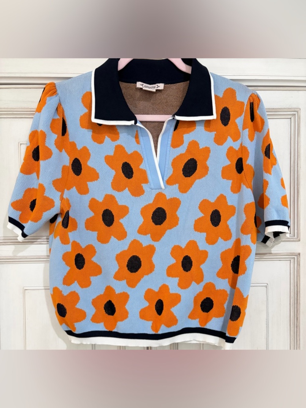 Nanette Lepore Blue Orange Black Floral Knit Polo Sweater